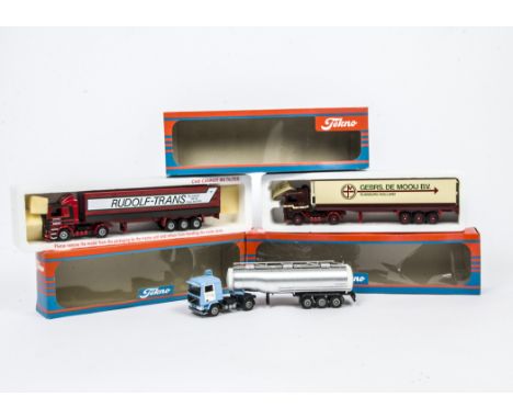 Tekno 1:50 Scale Haulage Vehicles, A trio of models in Tekno boxes comprising a Scania and Volvo articulated lorries in Rudol