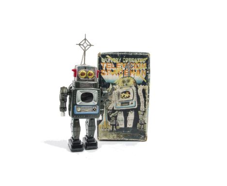 Alps (Japan) Battery-operated Television Spaceman Robot, first version robot with metallic grey tinplate body, black feet, li