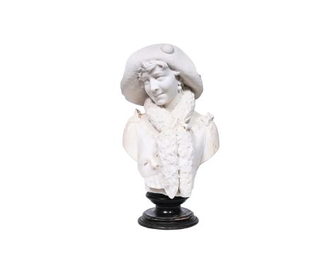 Pietro Bazzanti (ca. 1823-1874): Bust of a lady with hat, carnival mask and scarf, marble, FlorenceH 57,5 - 47 cm (with and w