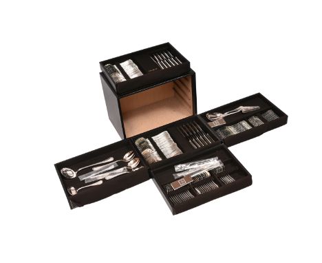 A French 140-piece silver-plated cutlery set, model Malmaison, Christofle, 20th C.H 33,5 - L 46 - D 29,5 cm (the box)