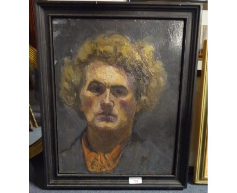 ENGLISH SCHOOL, 20TH CENTURY A head and shoulders portrait of a stern faced figure wearing an orange cravat under a blue tuni