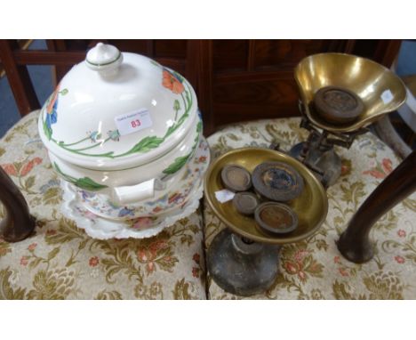 A VILLEROY &amp; BOCH "AMAPOLA" TUREEN, a Worcester plate, another decorative plate and a set of vintage cast iron kitchen sc