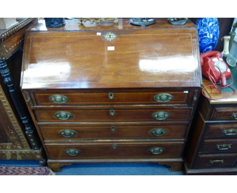 A GEORGE III MAHOGANY BUREAU late 18th century with later inlay decoration, with full front enclosing a fitted interior and i