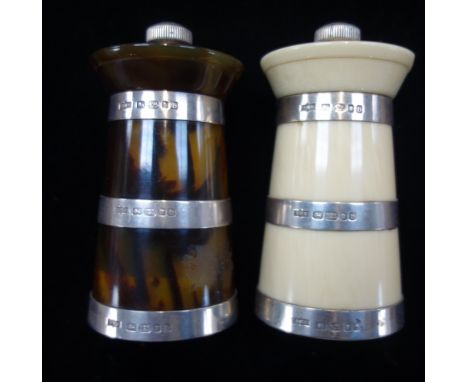 A 'TORTOISESHELL' PEPPER GRINDER with silver bands and another similar (2)