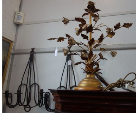 A DECORATIVE METAL LAMP BASE formed as stems of roses, with a pair of rustic wrought iron three branch candle sconces