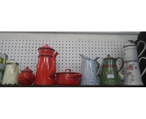 A COLLECTION OF VINTAGE ENAMELWARE, including coffee pots