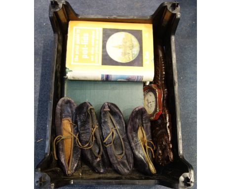 TWO VINTAGE 1920S PAIRS OF LEATHER CHILDREN'S SHOES a book on pot-lids and sundries