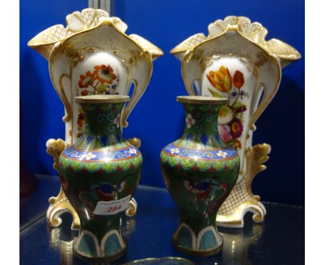 A PAIR OF 19TH CENTURY CONTINENTAL CERAMIC VASES hand painted with flowers and gilt decoration, 28.5cm high and a pair of gre