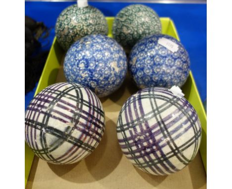 THREE PAIRS OF 19TH CENTURY 'SCOTTISH' POTTERY SPONGEWARE AND STRIPED  CARPET BOWLS (6)