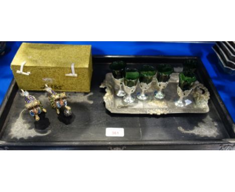 A PAIR OF CHINESE GILT METAL and enamel lions, an Oriental ebonised tray with metal mounts and a set of six miniature green g