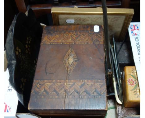 A NEEDLEWORK SAMPLER (incomplete), other needleworks, a papier mache crumb tray and other items