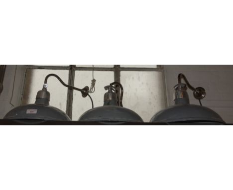 THREE INDUSTRIAL STYLE WALL LIGHTS, with chrome brackets and grey (painted) over green enamel shades, 31.5cm dia