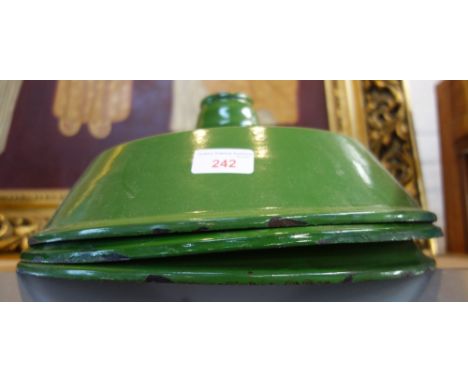 THREE INDUSTRIAL GREEN ENAMEL HANGING LIGHT SHADES, 37cm dia (chips to enamel)