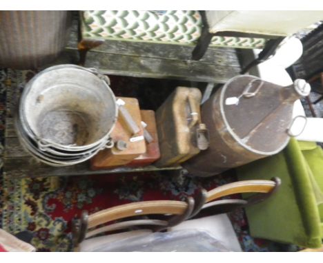A VINTAGE STEEL OIL CAN with conical top, three vintage petrol cans and a collection of galvanized pails