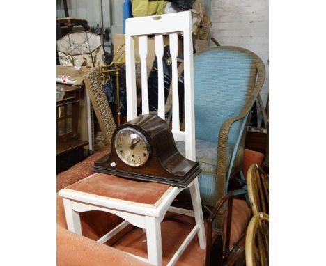 A LLOYD LOOM CHAIR, an Arts &amp; Crafts chair, an oak cake stand and a mantle clock
