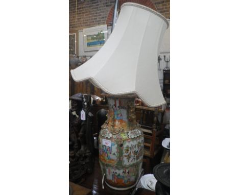 A CANTONESE VASE converted to a lamp (drilled and repaired), 36cm high (plus fitting)