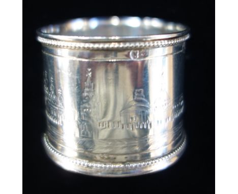 RUSSIAN SILVER NAPKIN RING, engraved with a scene of Leningrad, 4cm dia (c.0.6oz)