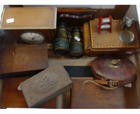 AN EDWARDIAN MANTEL CLOCK with French movement, a novelty cigarette box and sundries