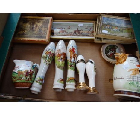 A COLLECTION OF HUNTING RELATED MEMORABILIA including a Wedgwood John Peel mug and beer pump handles