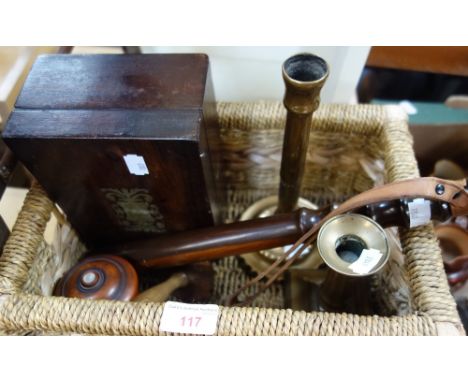 A 19TH CENTURY TURNED SYCAMORE BOX, a rosewood and brass inlaid box, an 18th Century candlestick, a truncheon and other items