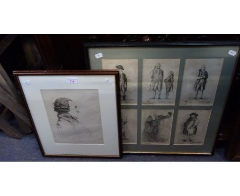 AN 18TH CENTURY ENGRAVED PORTRAIT OF JOHN HOOLE and six framed portrait etchings by James Sayers (1748-1843)