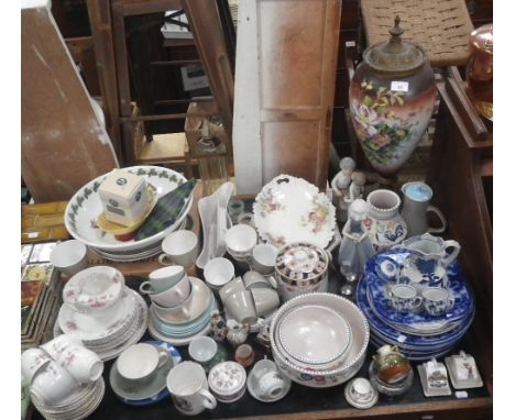 A LARGE VICTORIAN OPALINE GLASS VASE with metal mounts and a collection of decorative ceramics including Poole, Portmeirion a