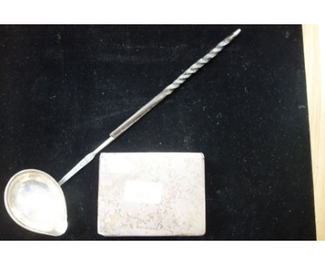A SILVER CIGARETTE BOX and a toddy ladle with a twisted horn handle (2)