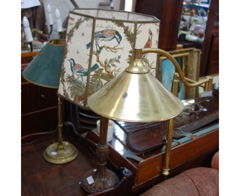 A CARVED WOODEN NEO-CLASSICAL STYLE TABLE LAMP, the shade decorated with birds, a brass adjustable standard lamp and a brass 