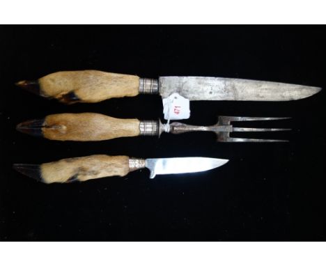 A CARVING KNIFE AND FORK with hoof handles and a similar knife (3)