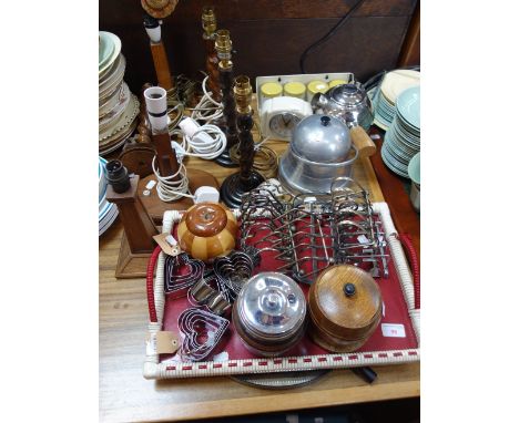 A 1950'S PLASTIC TEA TRAY, biscuit barrel and other vintage items