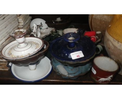 A COLLECTION OF VINTAGE ENAMEL CHAMBERSTICKS and other items