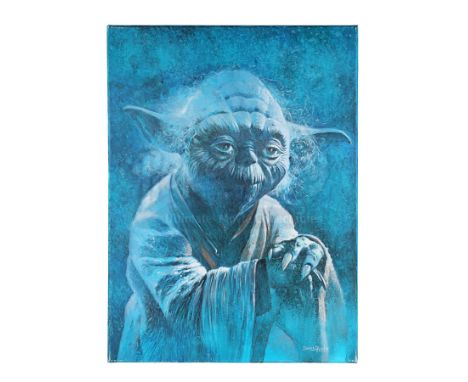 A hand-painted portrait of Yoda, the legendary Jedi Master who most recently appeared in Rian Johnson's Star Wars: The Last J