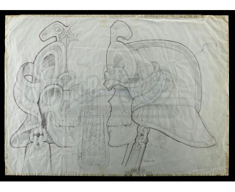 A hand-drawn Ron Cobb Tomb of the Atlantean General skull and headdress oversize concept sketch from the production of John M