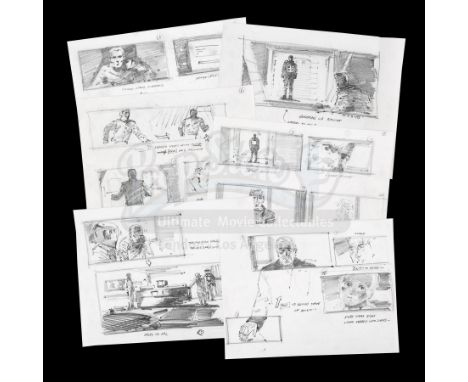 A set of hand-drawn storyboards from Peter Hyams' sci-fi sequel 2010: The Year We Make Contact. Drawn in pencil on seven opaq