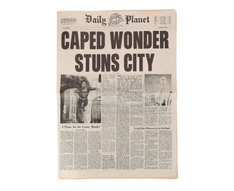A Daily Planet "Caped Wonder Stuns City" newspaper from Richard Donner's superhero film Superman. Perry White (Jackie Cooper)