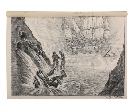 Greg Winters-illustrated advertising concept artwork from the promotion of Richard Donner's family adventure The Goonies. The
