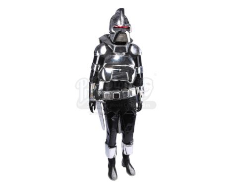 A silver Cylon Centurion light-up costume from Glen A. Larson's sci-fi television show Battlestar Galactica. The tyrannical C