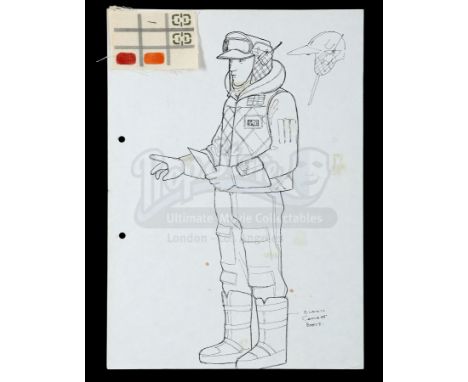 A hand-drawn and printed John Mollo Hoth rebel technician design sketch with fabric swatch from the production of Irvin Kersh