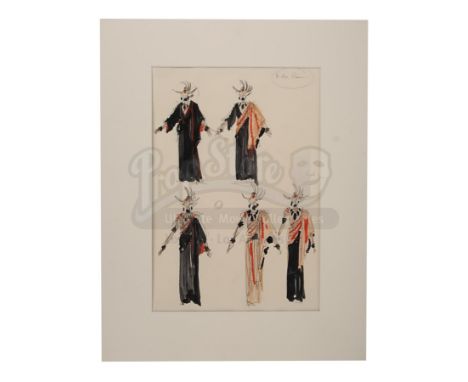 An original watercolour design of Mola Ram's (Amrish Puri) costume from the production of Steven Spielberg's action-adventure