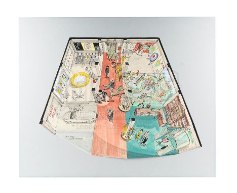 Hand-drawn artwork depicting two sets from Val Guest, Ken Hughes, John Huston, Joseph McGrath and Robert Parrish's Bond spoof