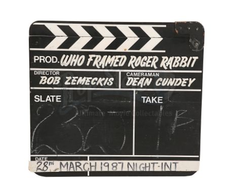 A production-used clapperboard from Robert Zemeckis' Oscar-winning detective comedy Who Framed Roger Rabbit. Made of black-pa