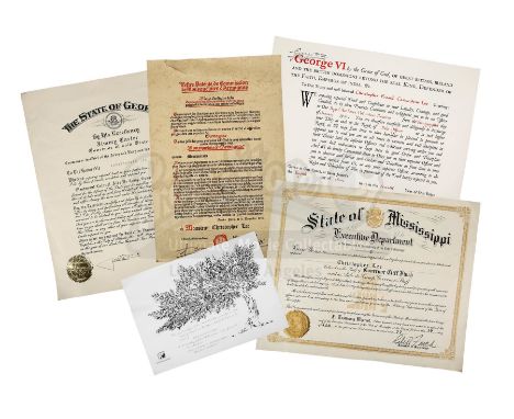 Seven certificates from Sir Christopher Lee's private collection, dated from 1943 to his death in 2015. These items come from