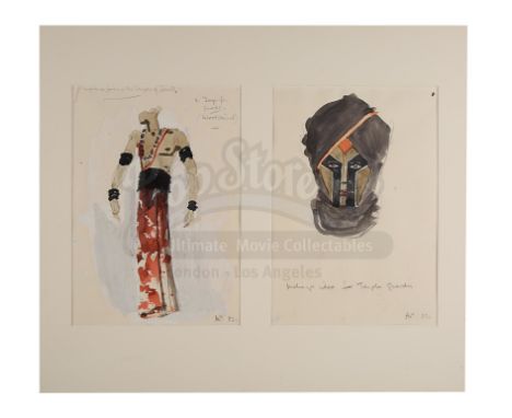 Two original watercolour designs of Thuggee guards from Steven Spielberg's action adventure Indiana Jones and the Temple of D