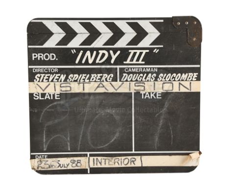 A production-used clapperboard from the production of Steven Spielberg's action-adventure sequel Indiana Jones and The Last C