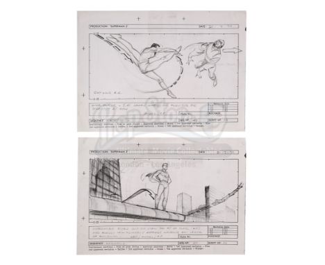 Two hand-drawn storyboards from the production of Richard Lester's superhero sequel Superman II. Both are labelled as part of