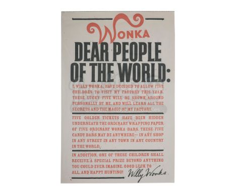A Willy Wonka Golden Ticket announcement poster from Tim Burton's adaptation of Roald Dahl's children's novel Charlie and The