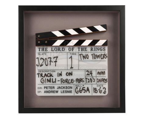 A clapperboard from the set of Peter Jackson's adaptation of J.R.R. Tolkien's fantasy epic The Lord of the Rings. The clapper