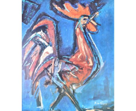 Rico Blass - a 1970s retro print featuring a cockerel. Framed in white wooden frame. Measures approx. 58cm x 48cm.