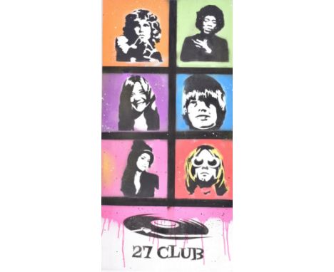 David Hudson - A contemporary 27 Club stencil spray &amp; acrylic painting on board. The artwork featuring the faces of six f
