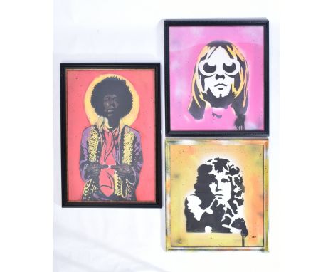 David Hudson - A collection of 3 contemporary stencil spray painting/artwork/acrylic painting on board of artists faces inclu